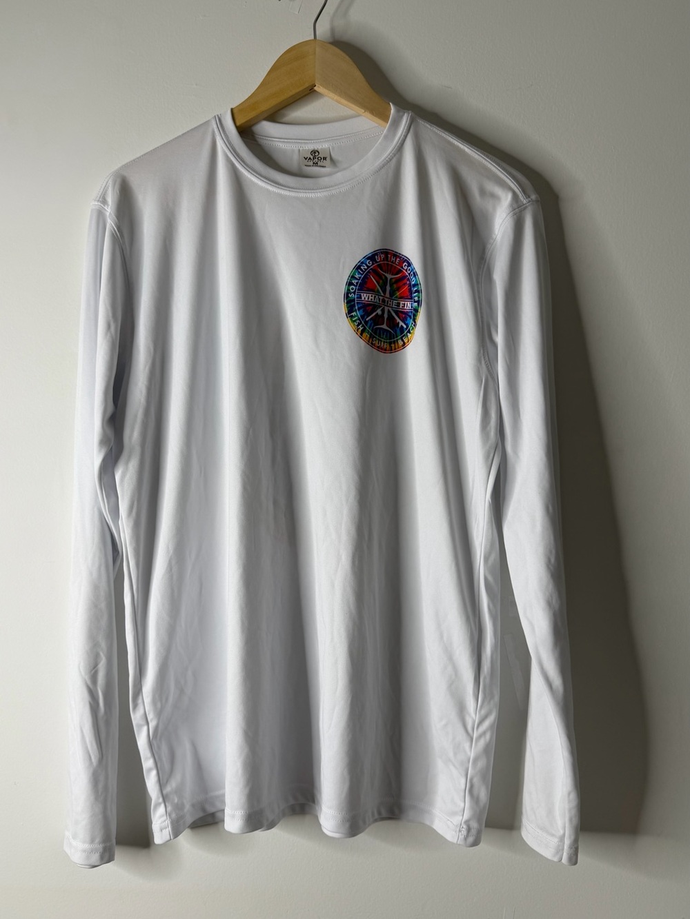 Men's White Long-Sleeve Crew with Multicolor Emblem